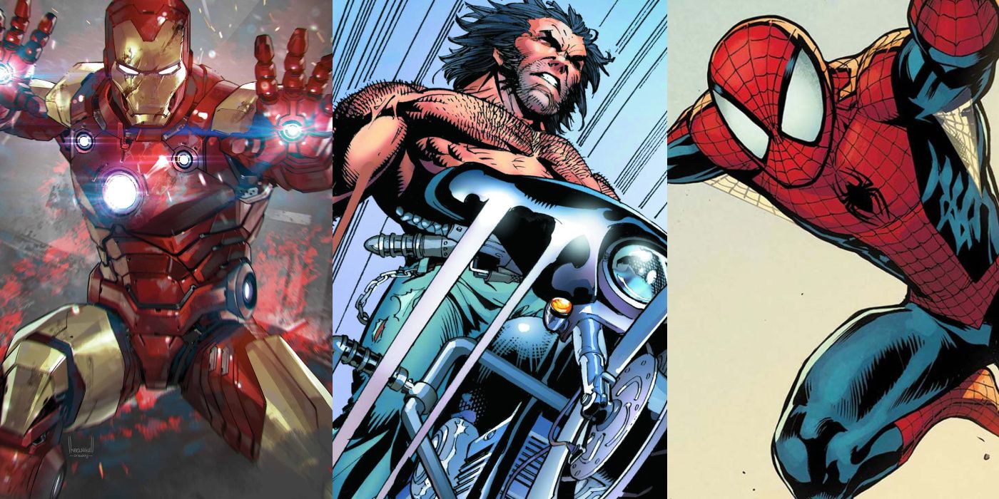 A split image of Iron Man, Wolverine, and Spider-Man from Marvel Comics