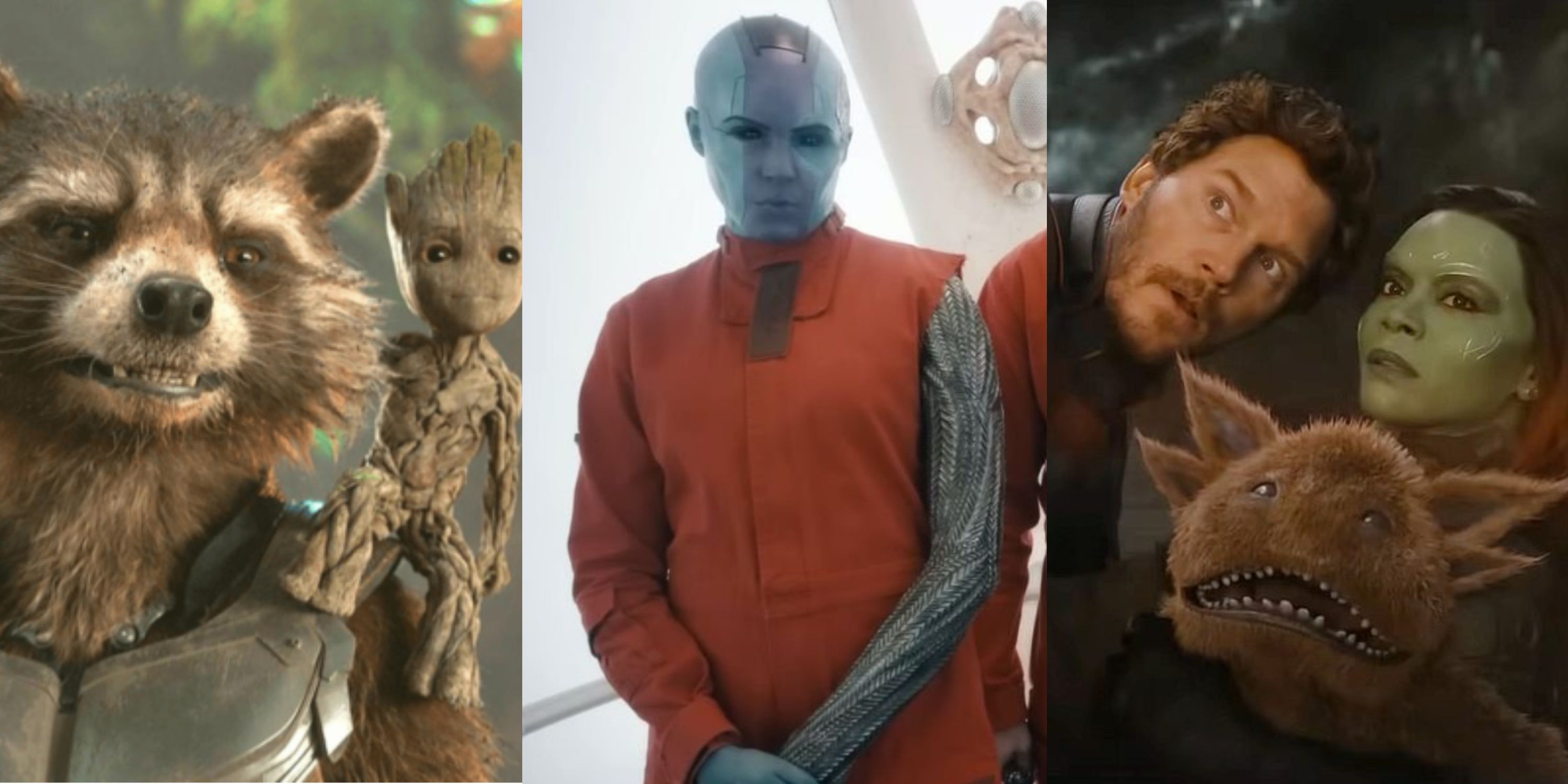 Baby Groot on Rocket's shoulder, Nebula dressed as inmate, and Peter & Gamora with a puppet in GotG