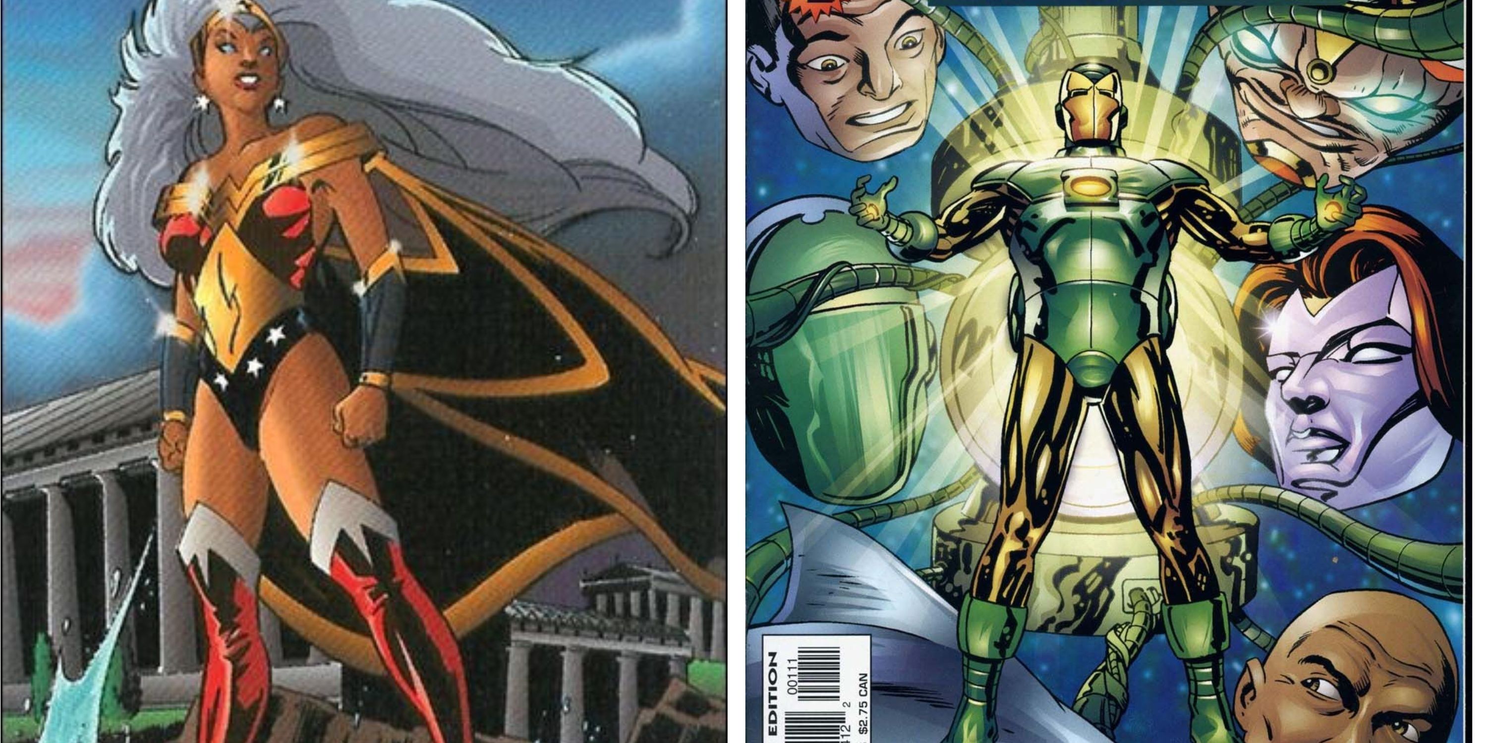 Split image: Wonder Woman/Amazon and Iron Lantern from Amalgam comics