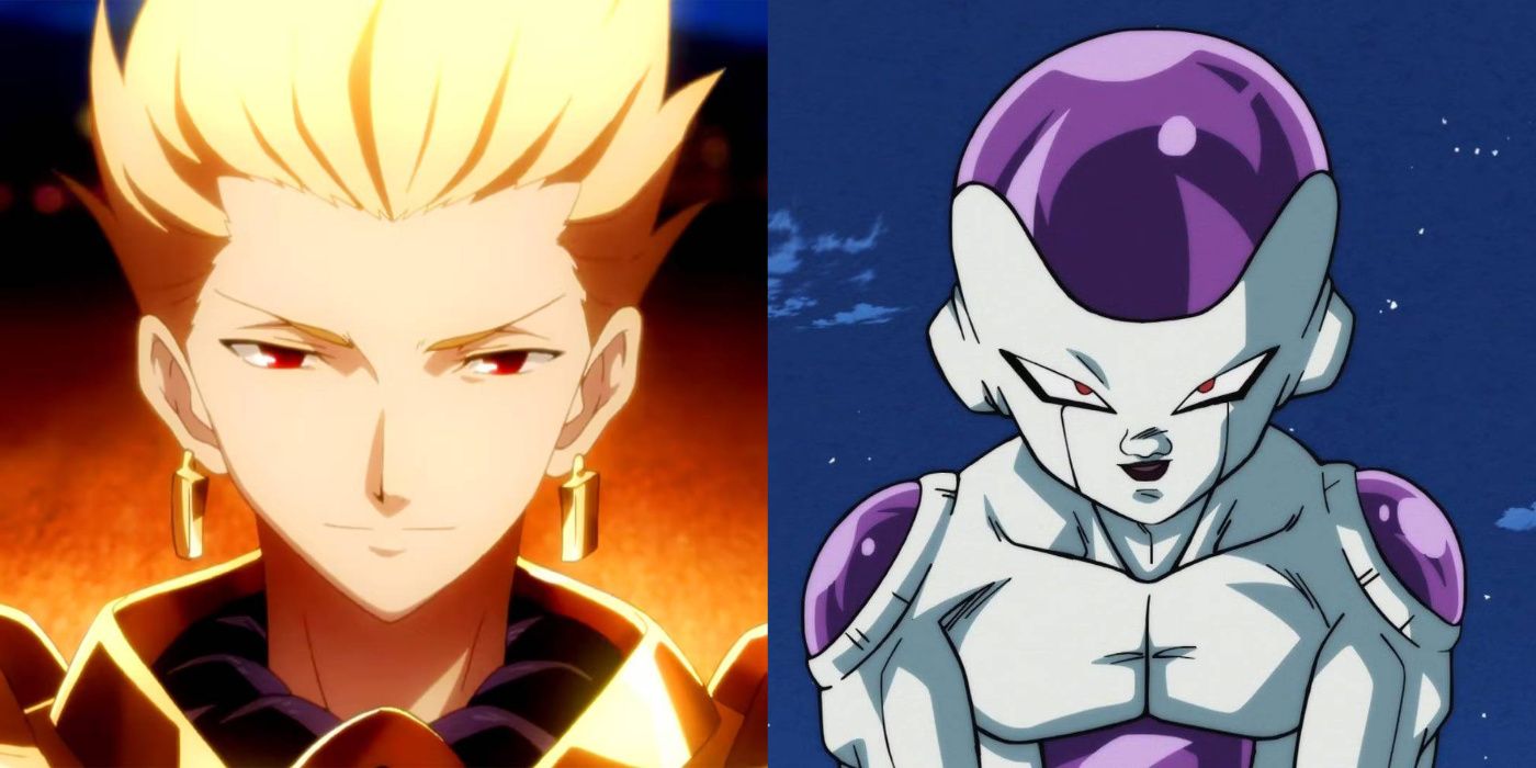 Frieza from Dragon Ball and Gilgamesh from Fate/Zero split image.