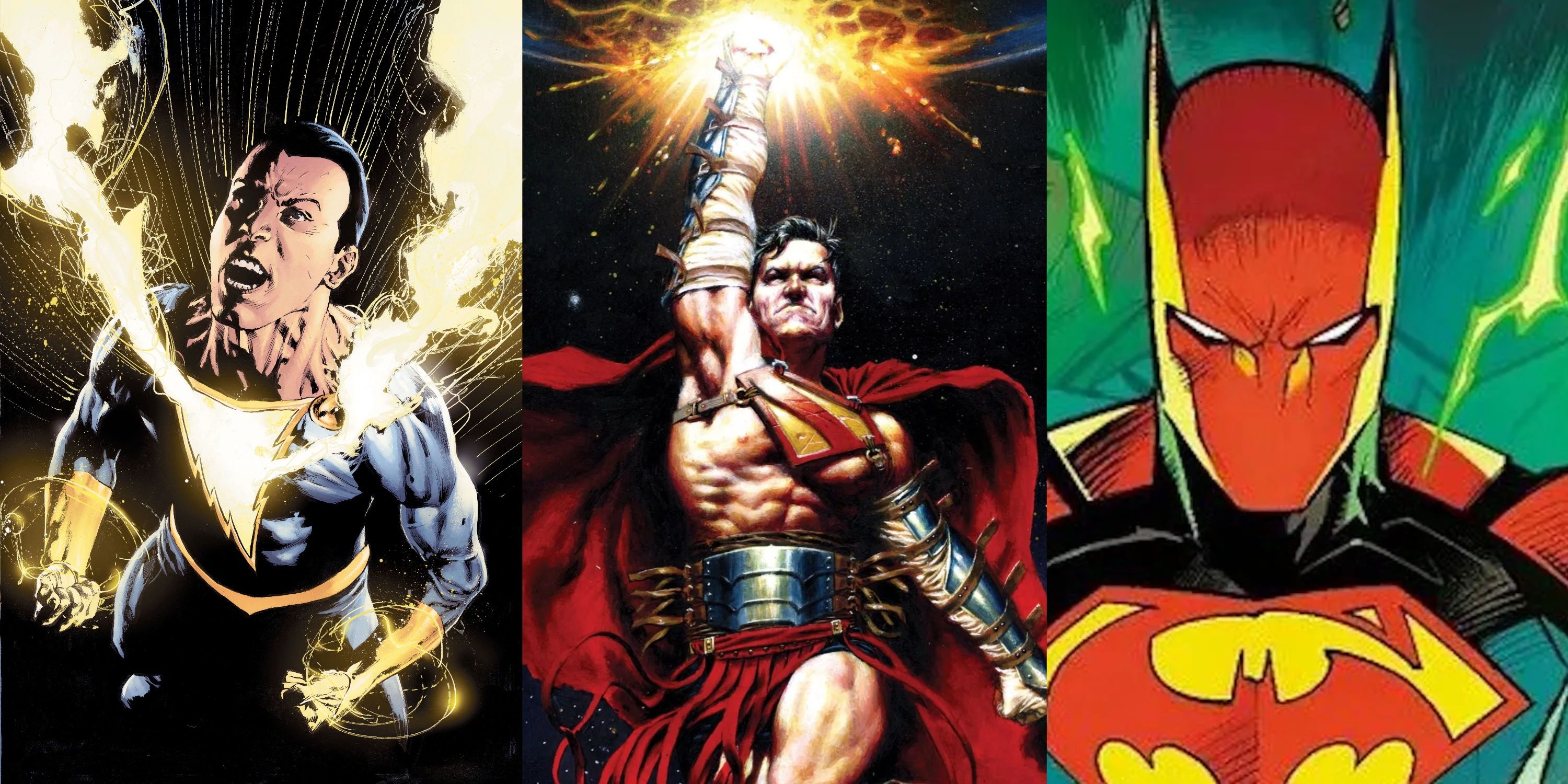 Split image Black Adam, Superman and Batman/Superman fusion