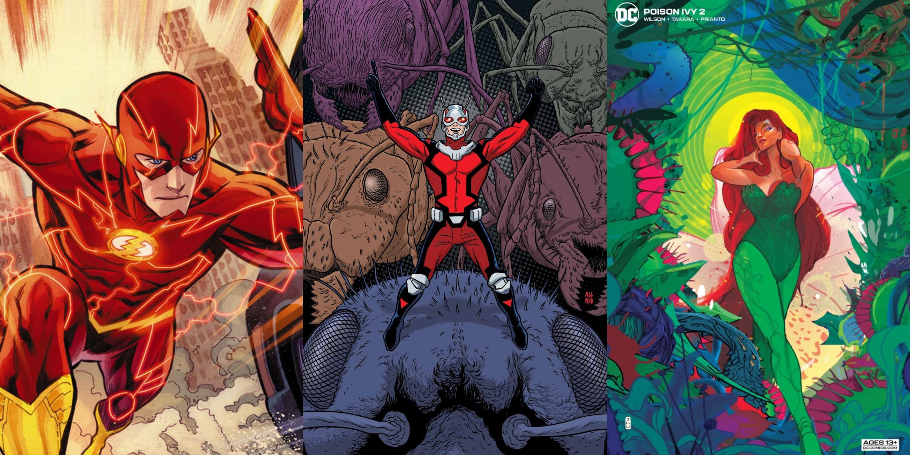 Split image: the Flash runs, Ant-Man commands ants, and Poison Ivy in DC and Marvel comics