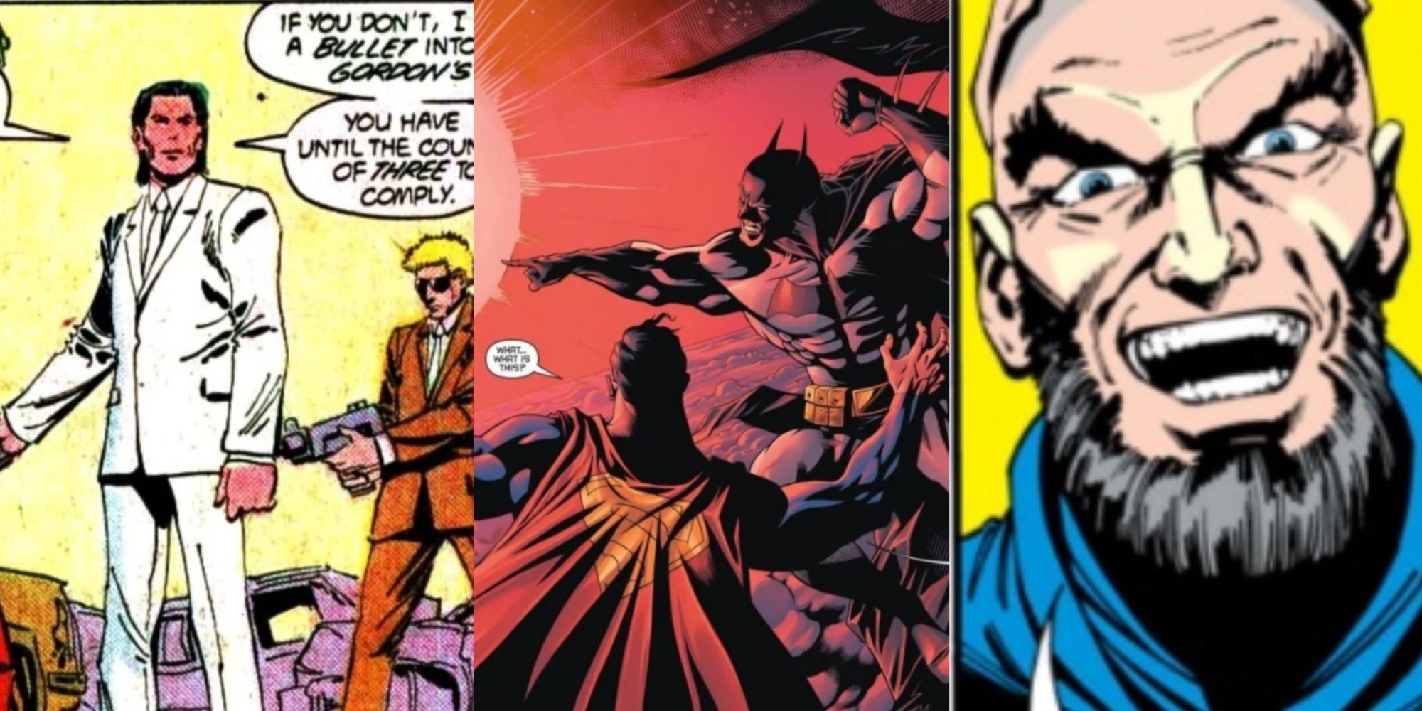 Split Image of Jose Garzongas, Superman and Batman in front of the red sun, and Hugo Strange