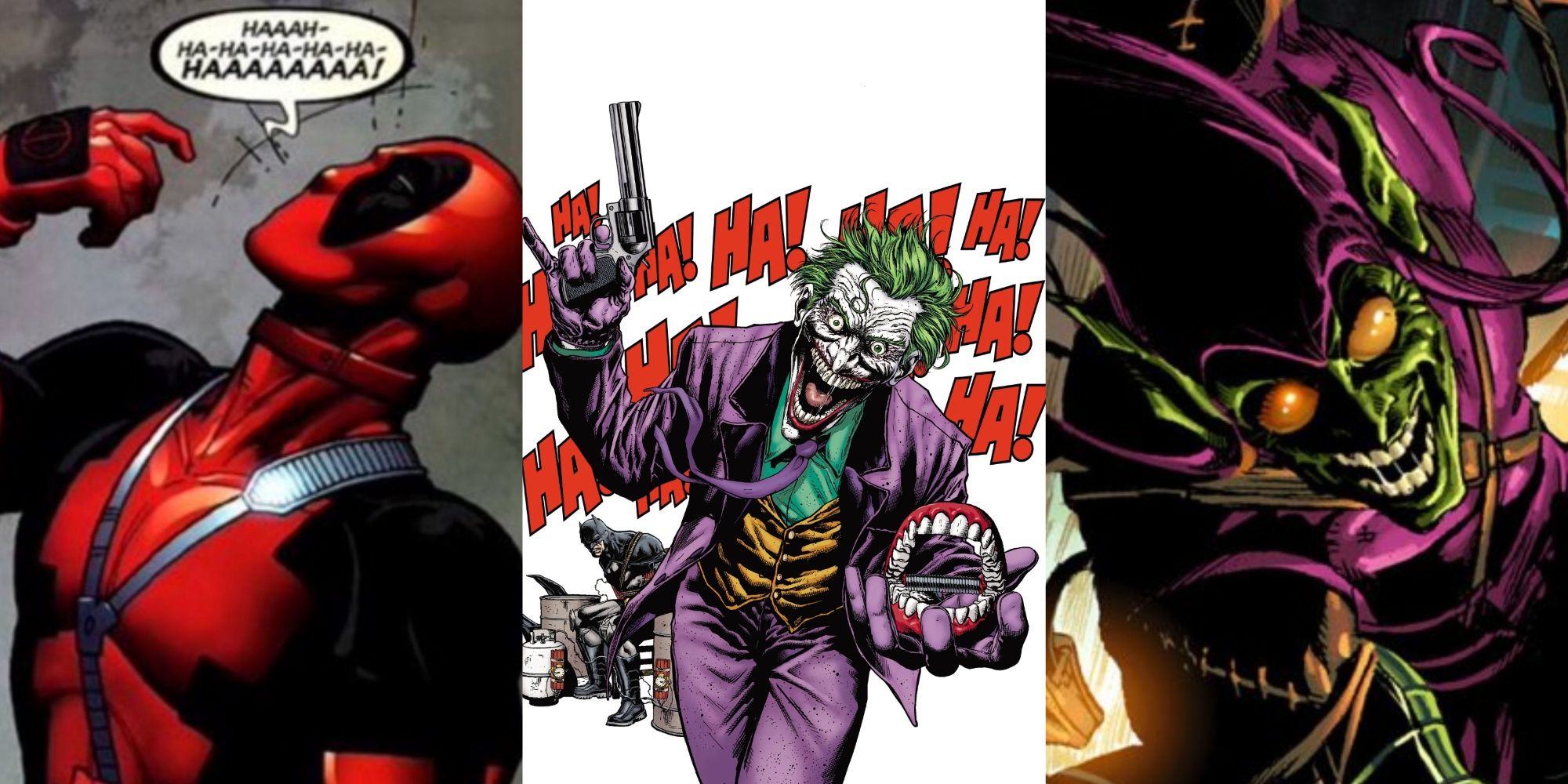 Split Image: Deapool, The Joker, and Green Goblin laughing in comics