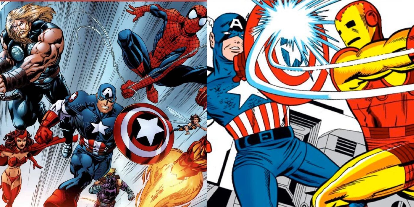 Split image: The Avengers charge into battle, and Iron Man strikes Captain America's shield.