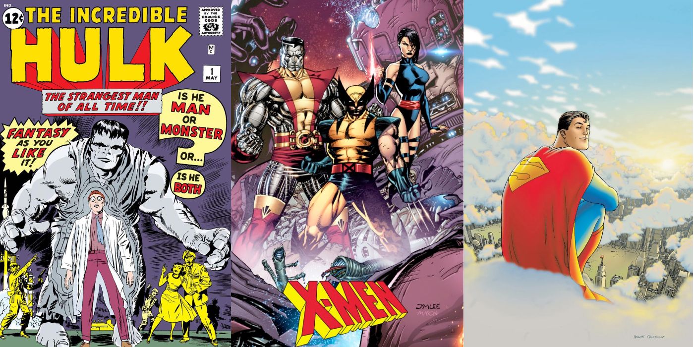 A split image of the comic covers for The Incredible Hulk, X-Men, and Superman