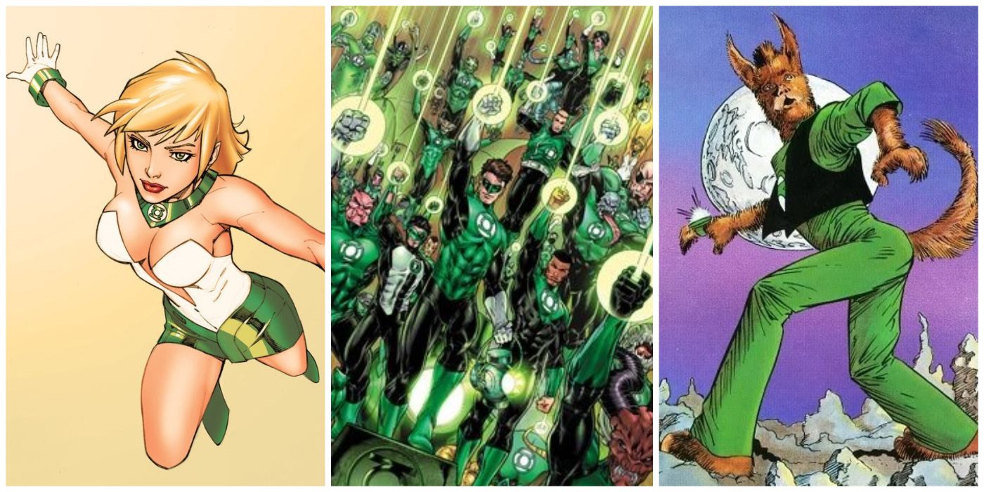 Split Image of Arisia Rrab, Hal Jordan leading the Green Lantern Corps, and G'Nort