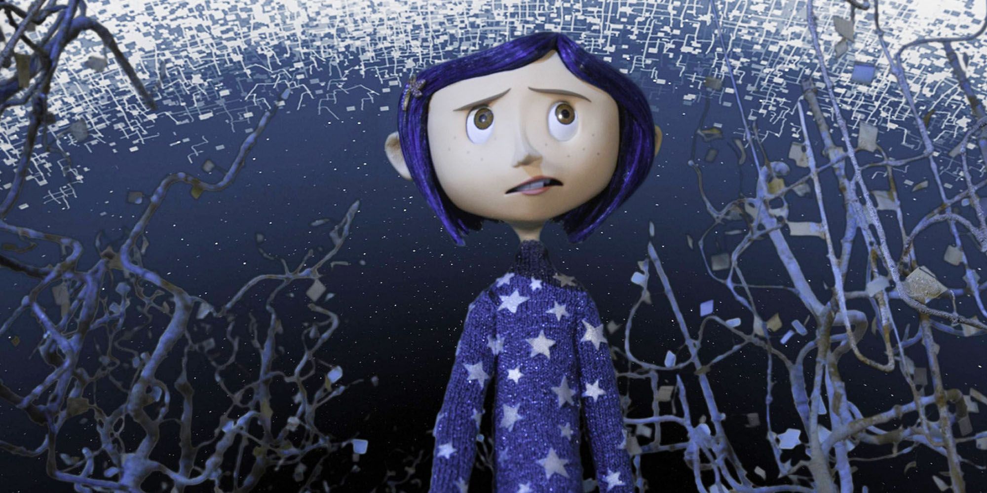 Coraline wearing a star shirt and walking fretfully through the tangled vines.