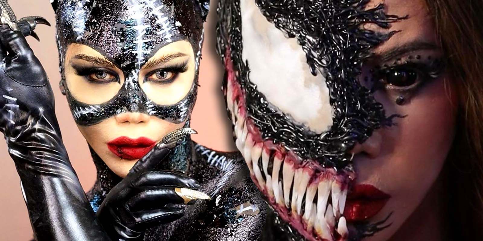 Cosplayer turns herself into Venom and Catwoman with makeup.