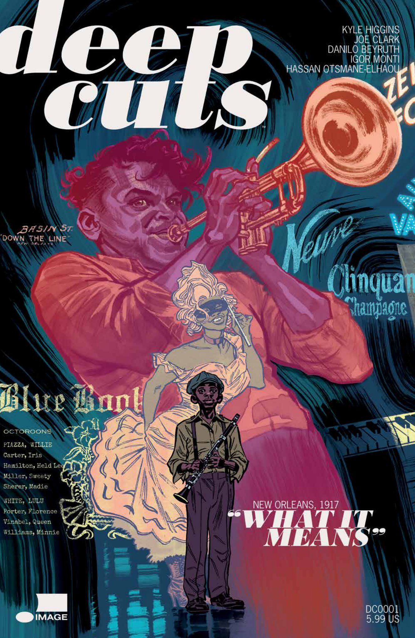 a young boy stands in front of a trumpet-playing man on Chris Brunner's cover for Deep Cuts #1