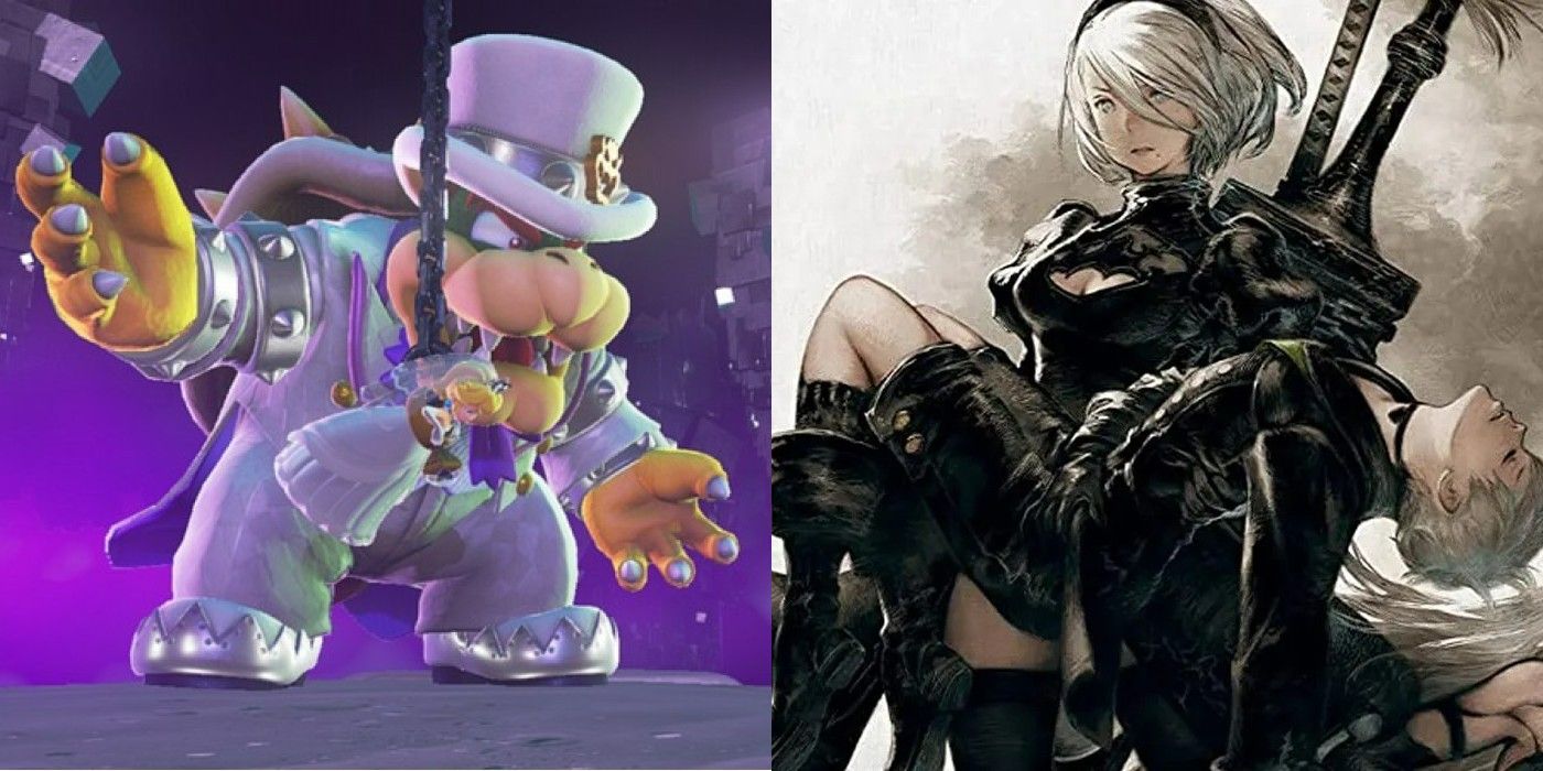 A split image of Bowser capturing Peach and of the NieR Automata The End of YoRHa edition cover