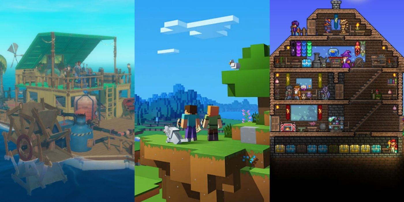 Split image of Raft, Minecraft, and Terraria.