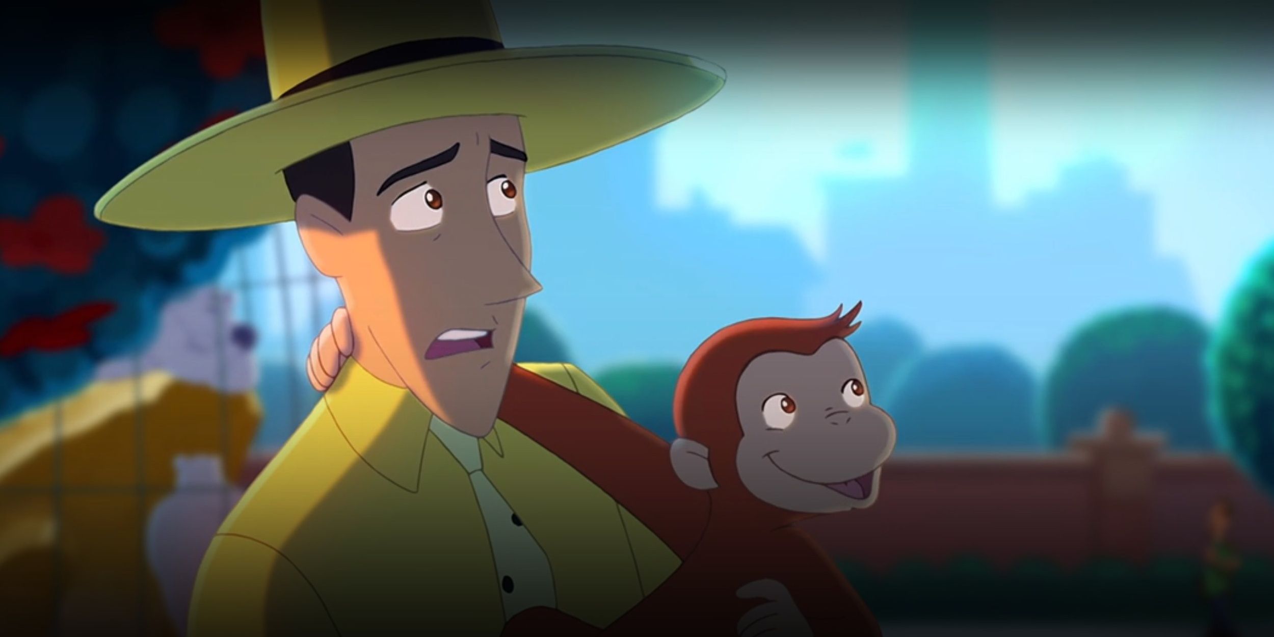 George smiling and hanging on the Man in the Yellow Hat who looks worried in Curious George