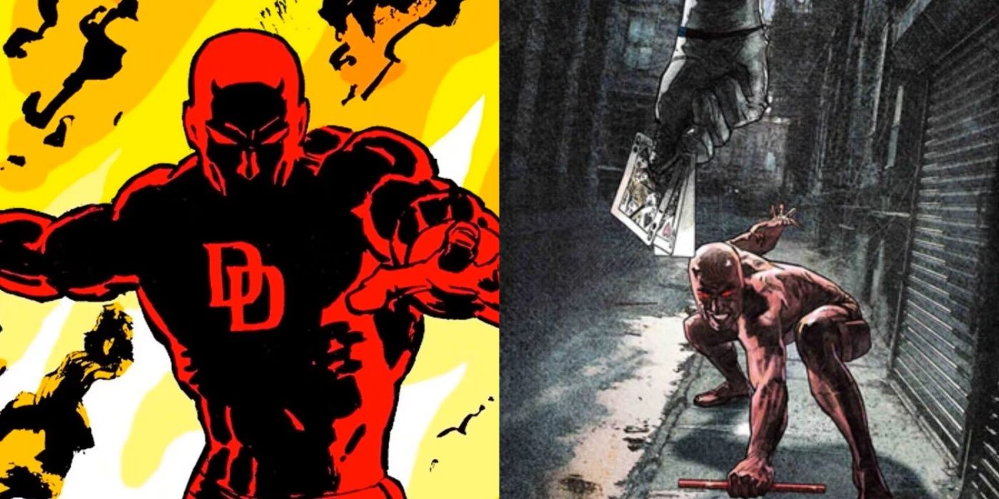 Split image of Daredevil emerging from flames in Born Again and facing Bullseye in Hardcore.