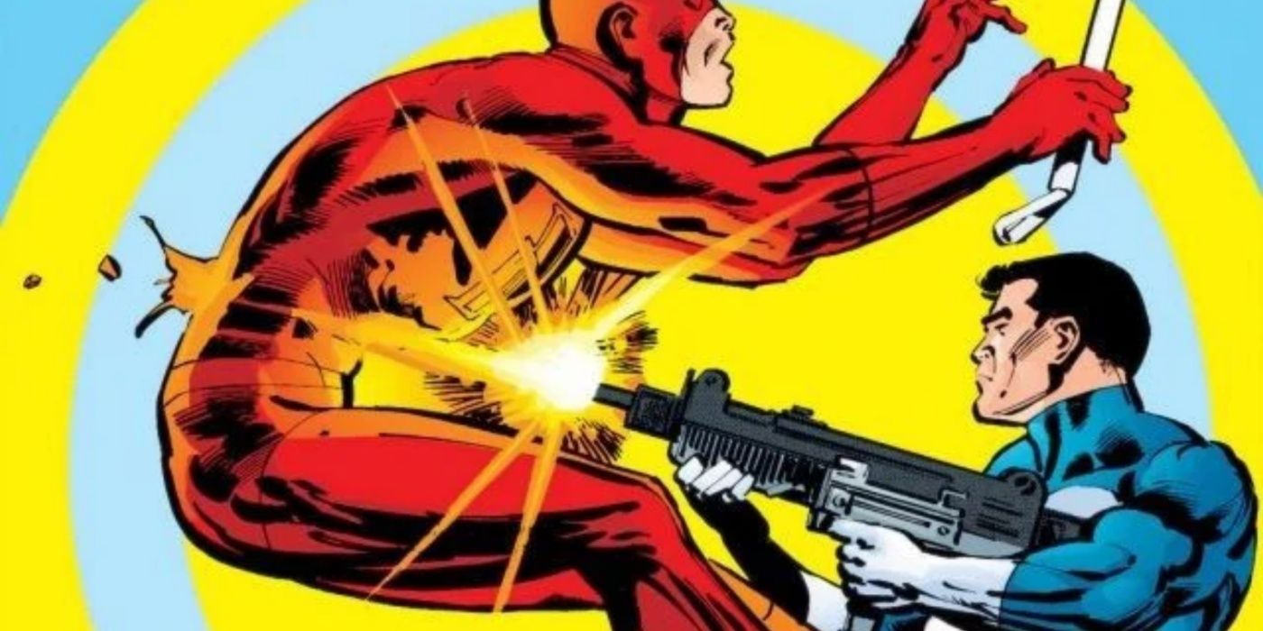 Daredevil siendo disparado por el Punisher en la portada de Child's Play.