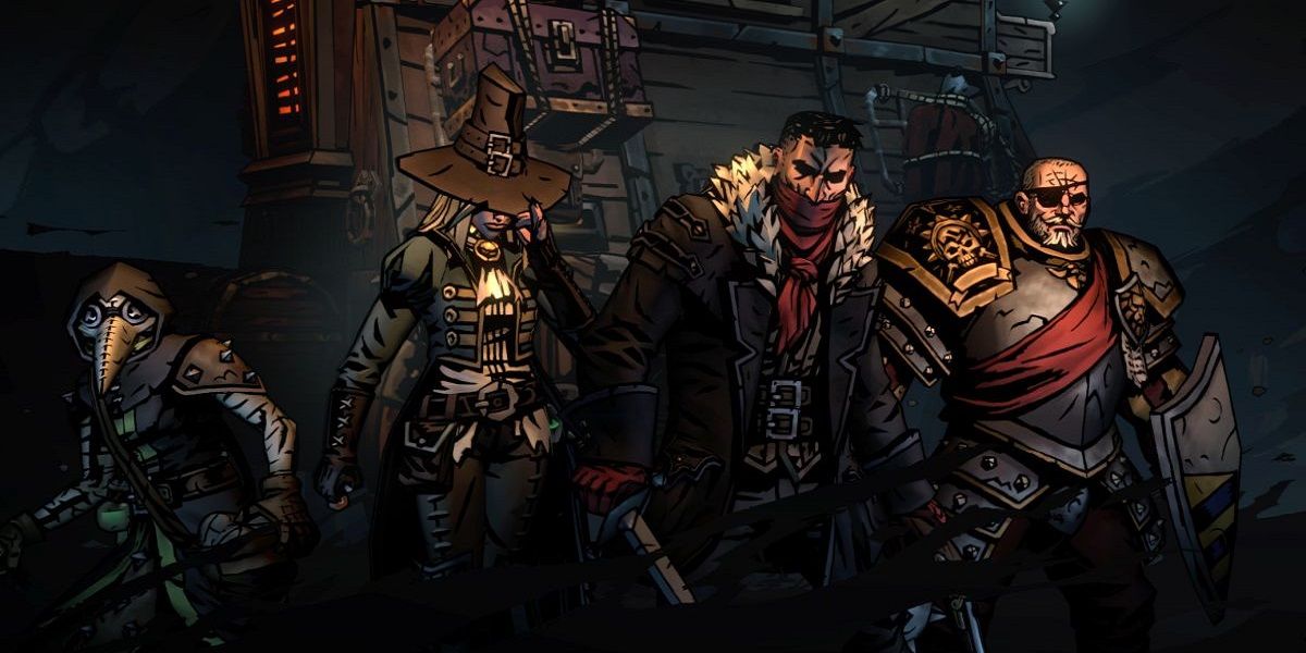 Illustration de Darkest Dungeon II montrant quatre personnages alignés
