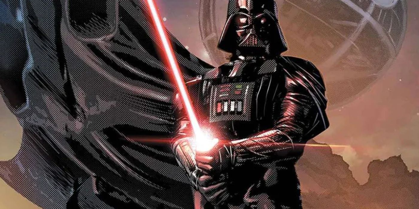 Darth Vader empunhando seu sabre de luz com a Estrela da Morte pairando sobre sua cabeça.