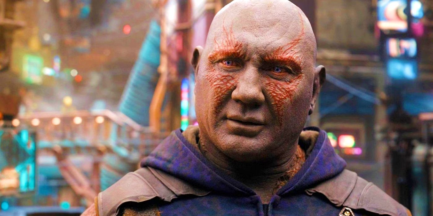 A close-up shows Dave Bautista's Drax in Guardians of the Galaxy Vol. 3.