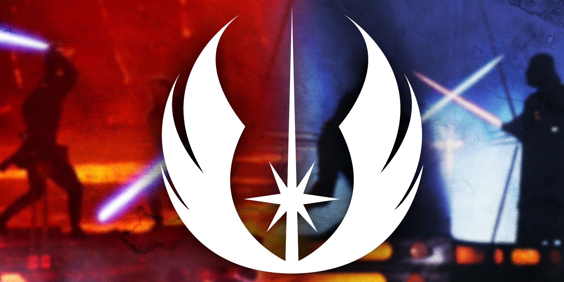 On the left, Obi-Wan Kenobi fights Anakin Skywalker. On the right, Luke Skywalker fights Darth Vader. In the middle, the Jedi Knights symbol is shown. 