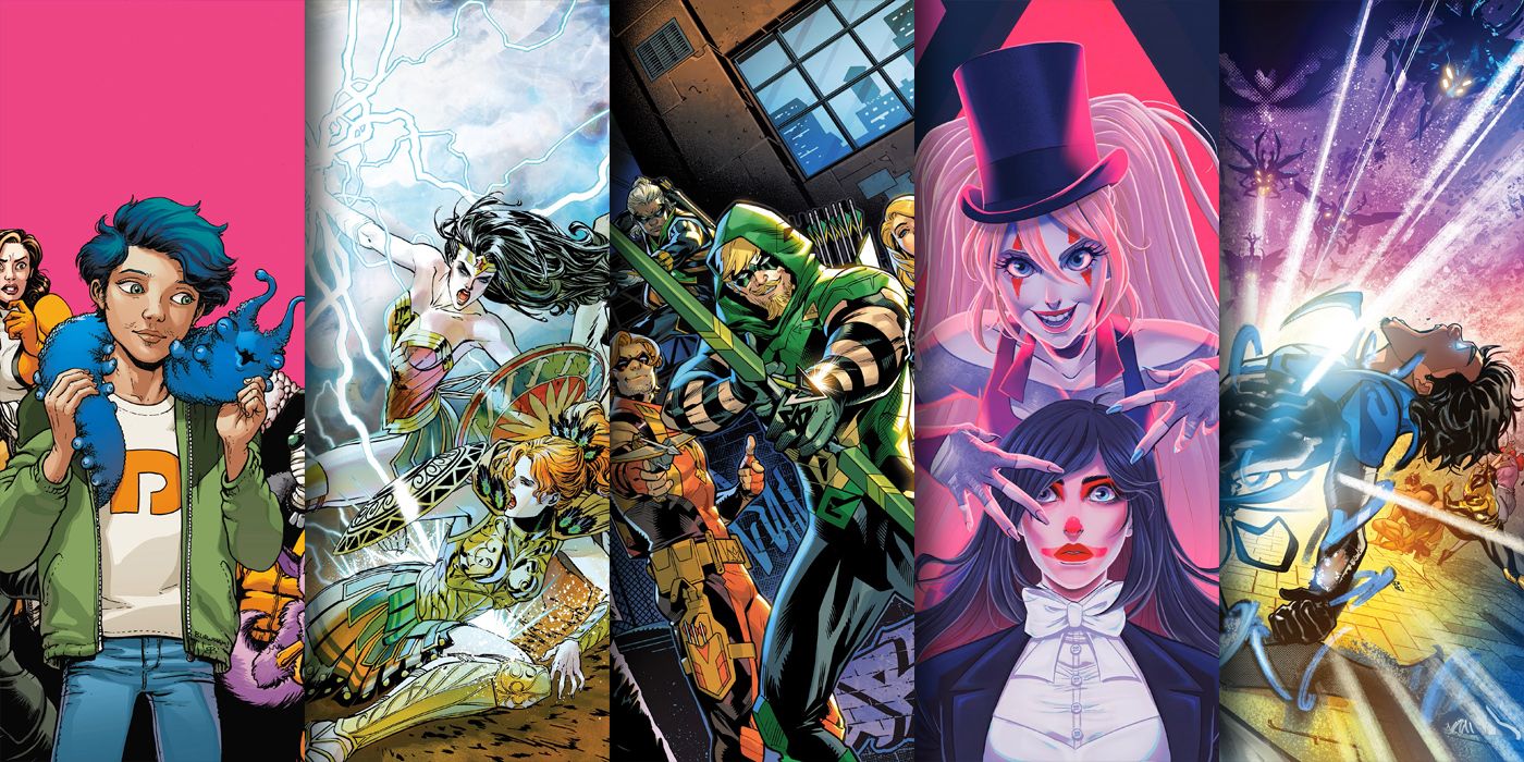 Cover artwork for new DC comics out April 25, 2023 features Doom Patrol, Wonder Woman, Green Arrow and more.