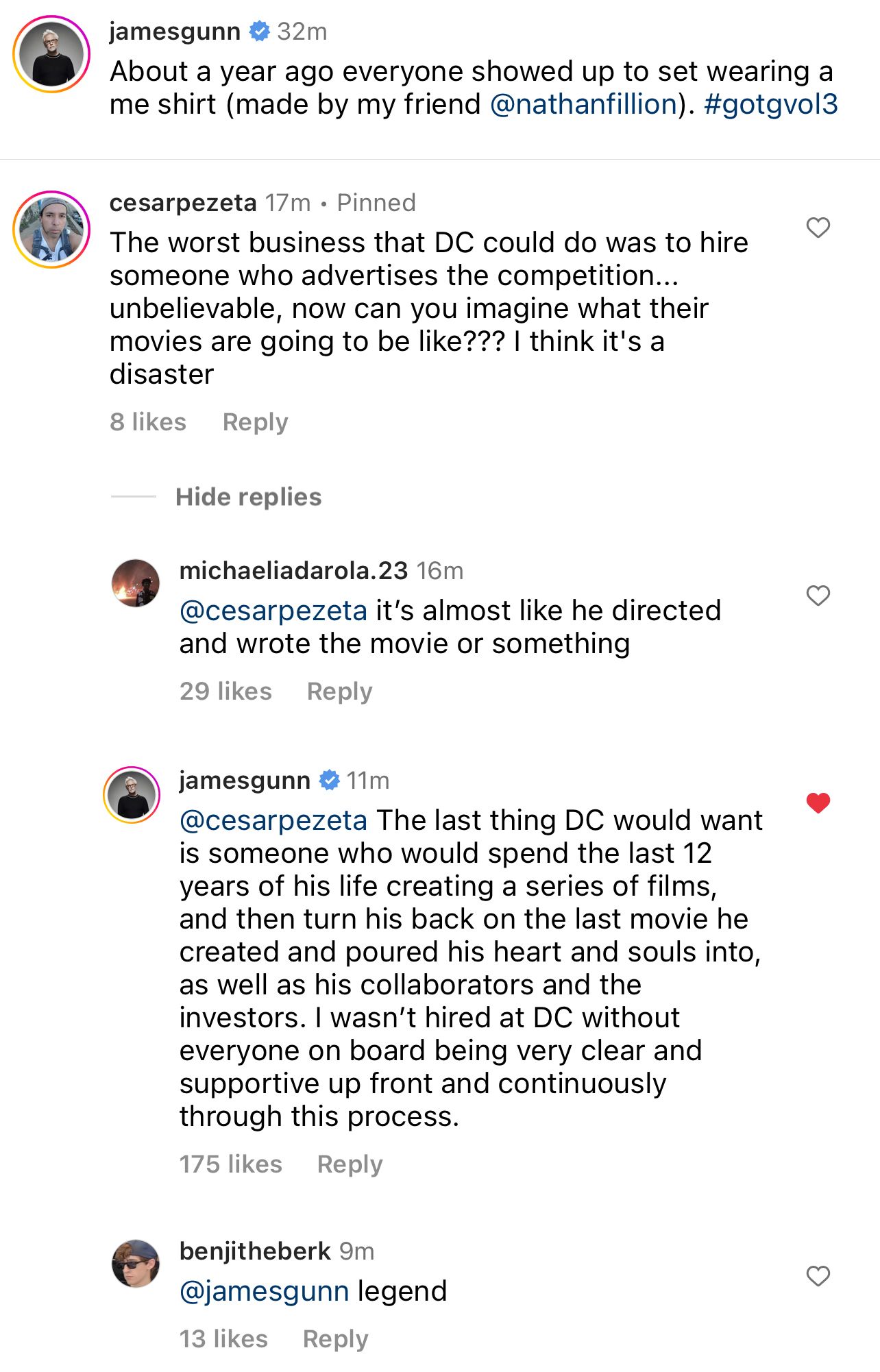 Captura de tela de James Gunn defendendo sua promoção de Guardiões da Galáxia 3 nos comentários de uma postagem no Instagram.