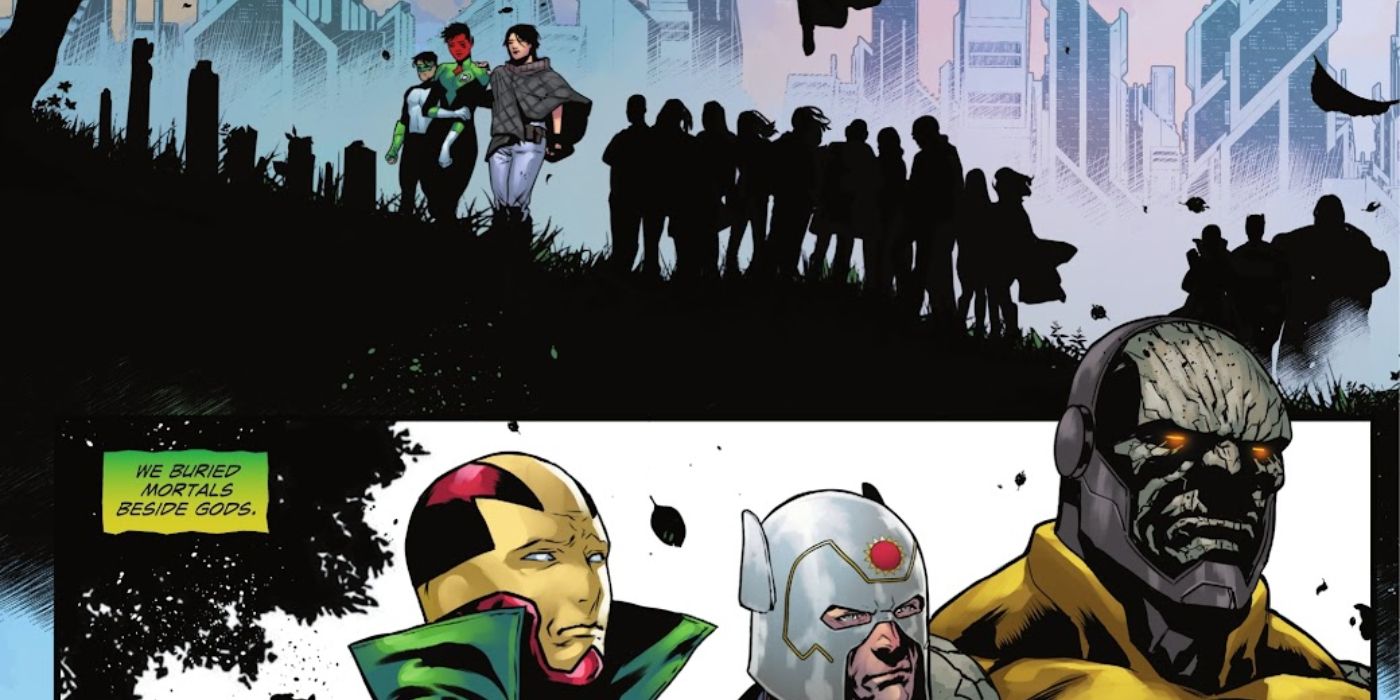 Mister Miracle, Orion e Darkseid em um funeral após o fim do DCeased