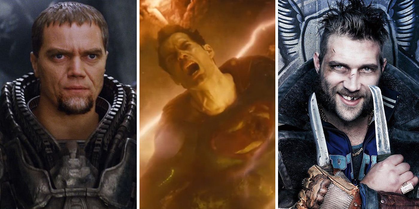 split image of General Zod, Captain Boomerang and Superman's death in the DCEU