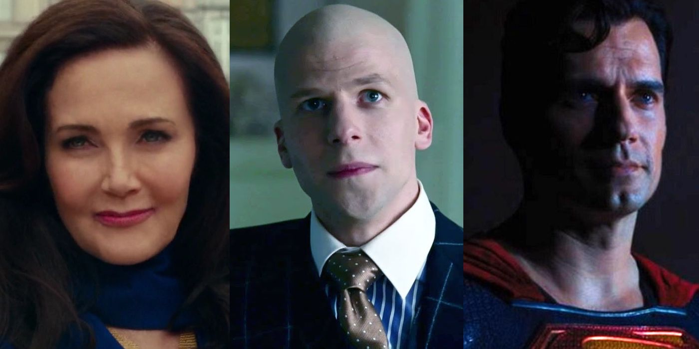 Split Image: Asteria (Lynda Carter), Lex Luthor (Jesse Eisenberg), and Superman (Henry Cavill)