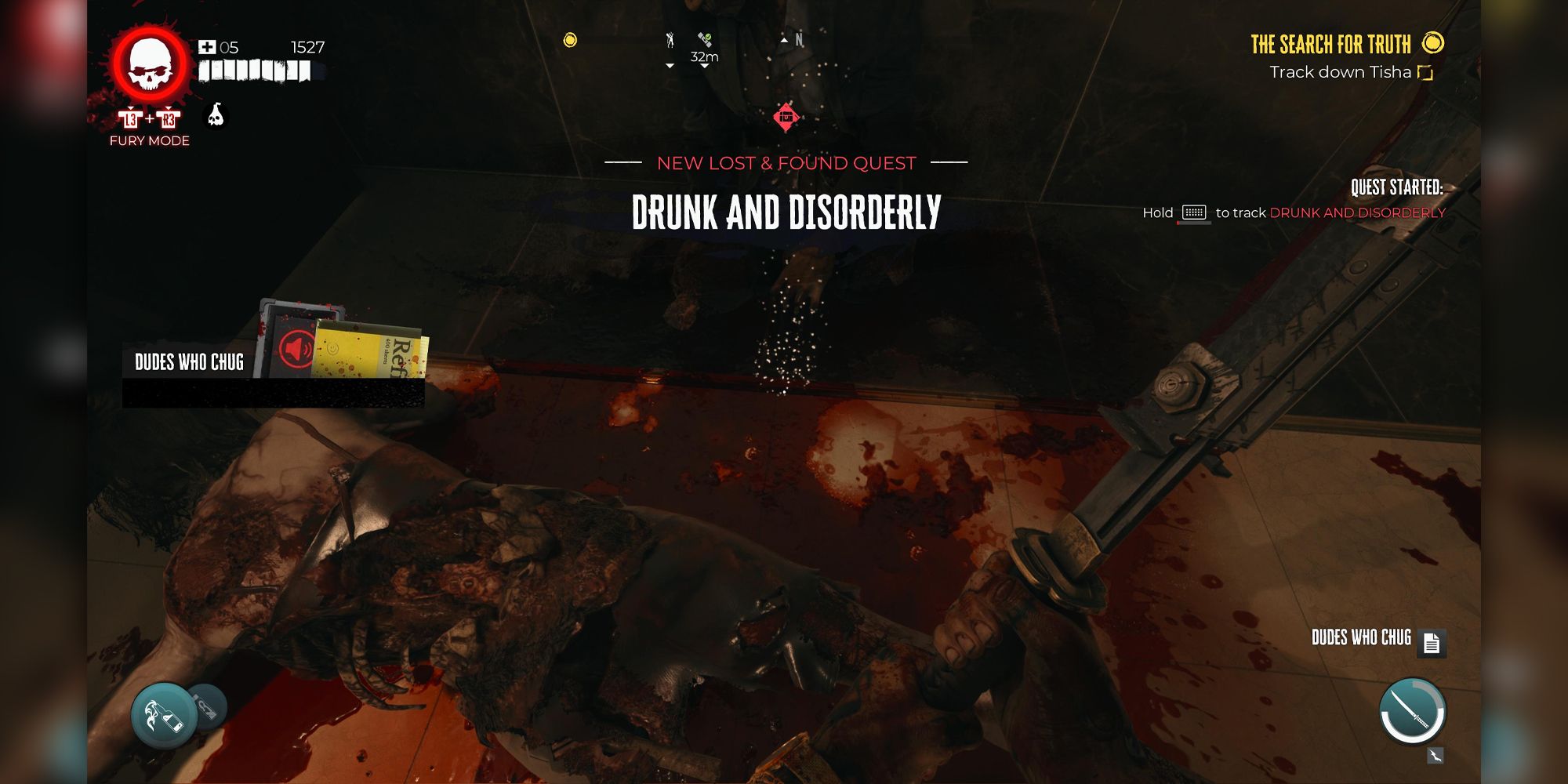 Jogador de Dead Island 2 desbloqueando a missão Drunk and Disorderly