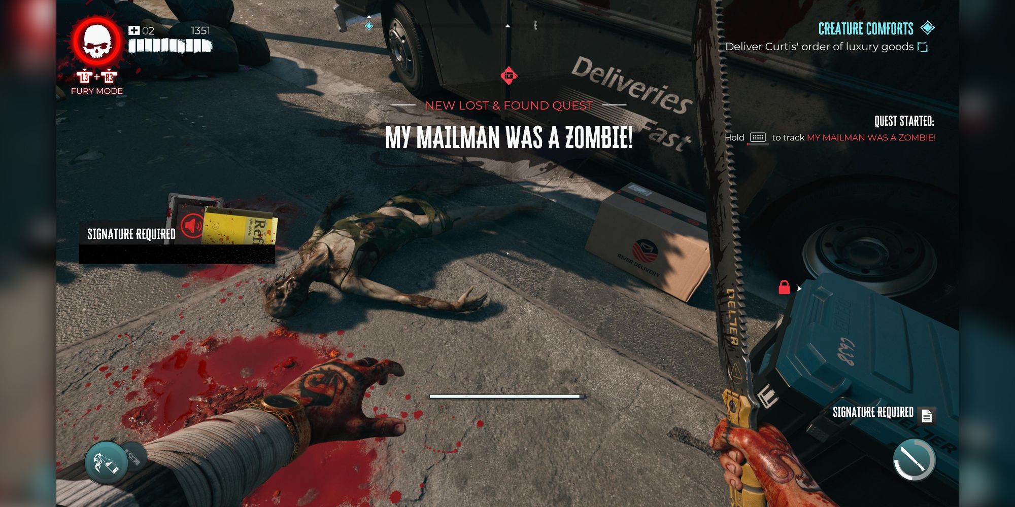 Dead Island 2 jogador desbloqueando a missão My Mailman Was a Zombie