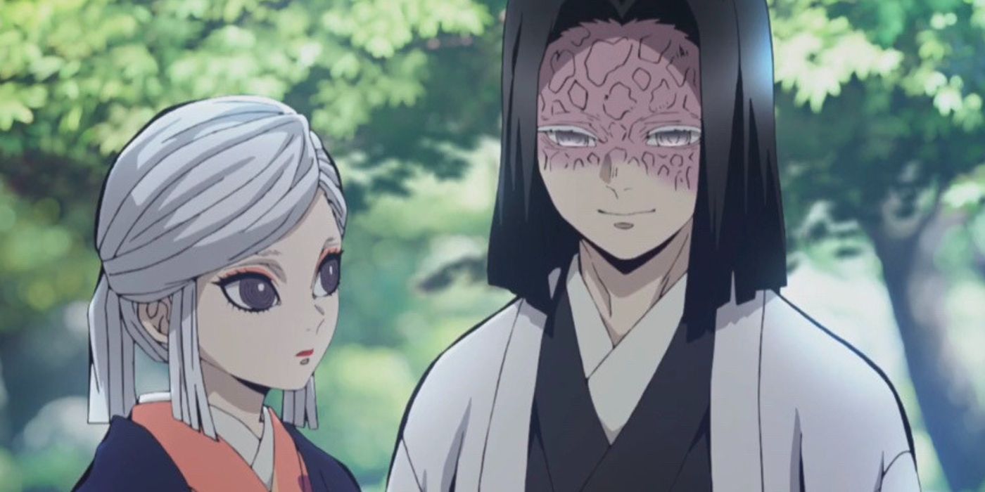 Amane and Kagaya stand together in the woods in Demon Slayer