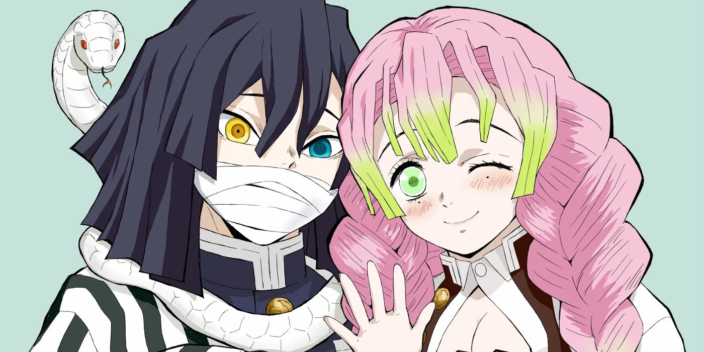 Obanai and Mitsuri stand together and wave in Demon Slayer