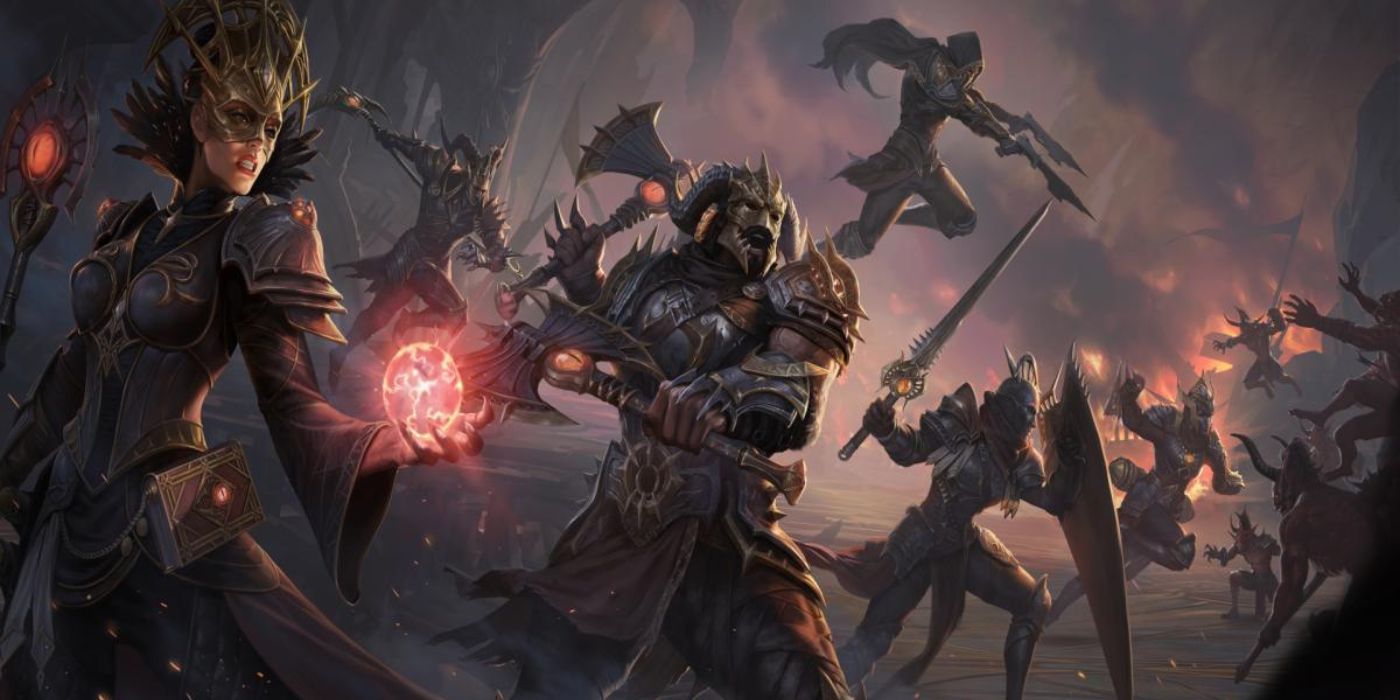 Diablo 4 classes the sorceress, barbarian, and rogue stand in battle with other fighters