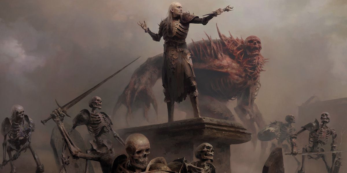 Un nécromancien de Diablo 4 se tient au sommet d'une crypte avec des armées de squelettes devant