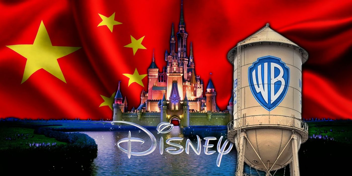 Walt Disney Studios castle and the Warner Bros. water tower against a backdrop of China's flag