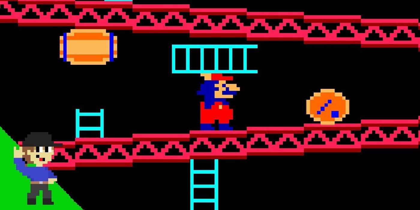 Jump Man segura uma escada em Donkey Kong.