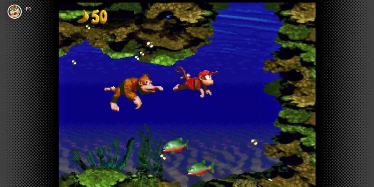 Donkey e Diddy Kong nadam em um nível de água em Donkey Kong Country no Nintendo Switch Online