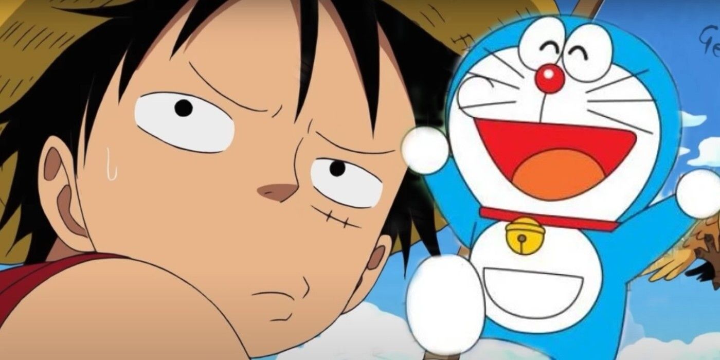 Luffy stares confusedly at a cheerful Doraemon