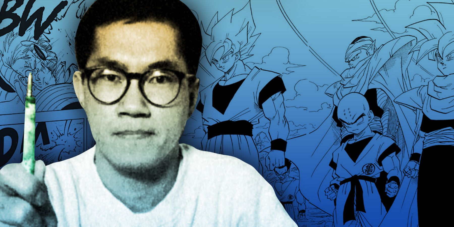 On the right, a young Akira Toriyama holds up his trusty drawing pen and smiles. Behind him, a manga illustration if Goku and friends poses.