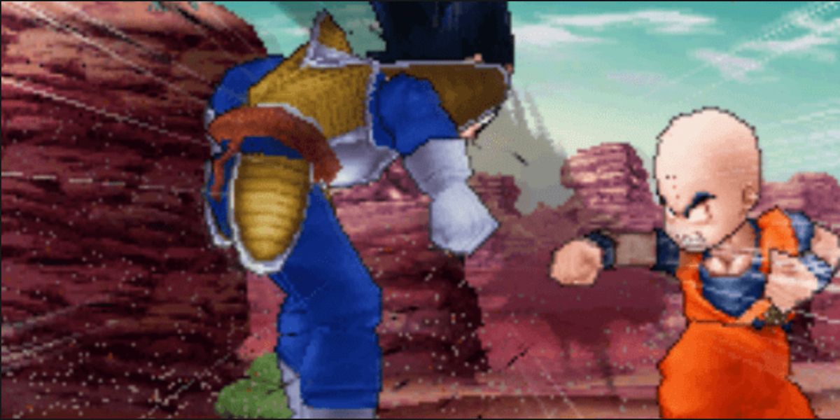 Kuririn dá um soco em Vegeta em Dragon Ball Kai: Ultimate Butoden