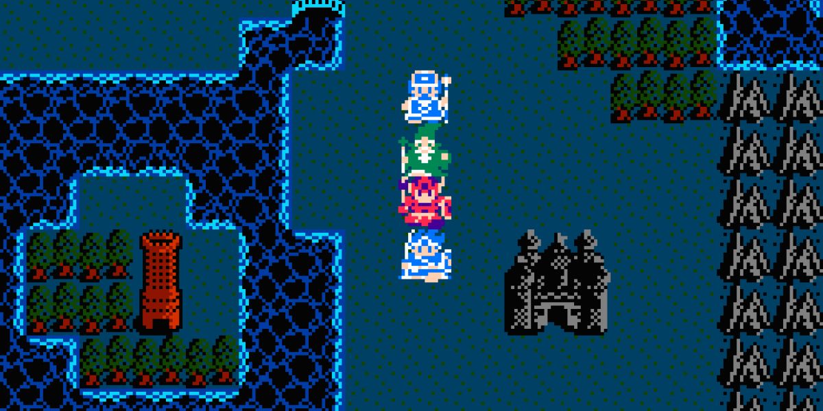 The party travels across the world map in Dragon Quest III.