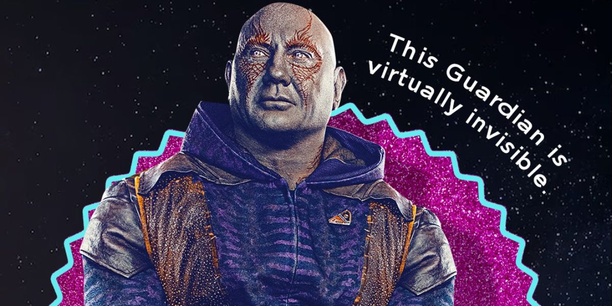 Drax the Destroyer (Dave Bautista) on a poster for Guardians of the Galaxy Vol. 3 parodying the Barbie movie posters