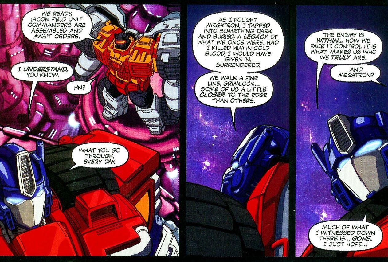Optimus Prime attemps to make amends with Grimlock. 