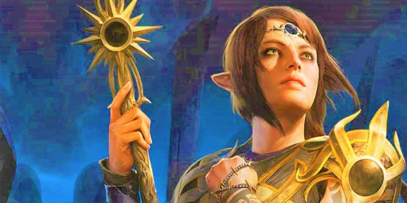 Dungeons & Dragons female Half-Elf Cleric with one hand on her breastplate and the other holding a sun staff