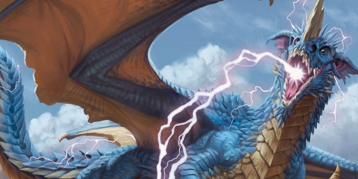 Arte do conjunto inicial de D&D, com um dragão azul respirando relâmpago