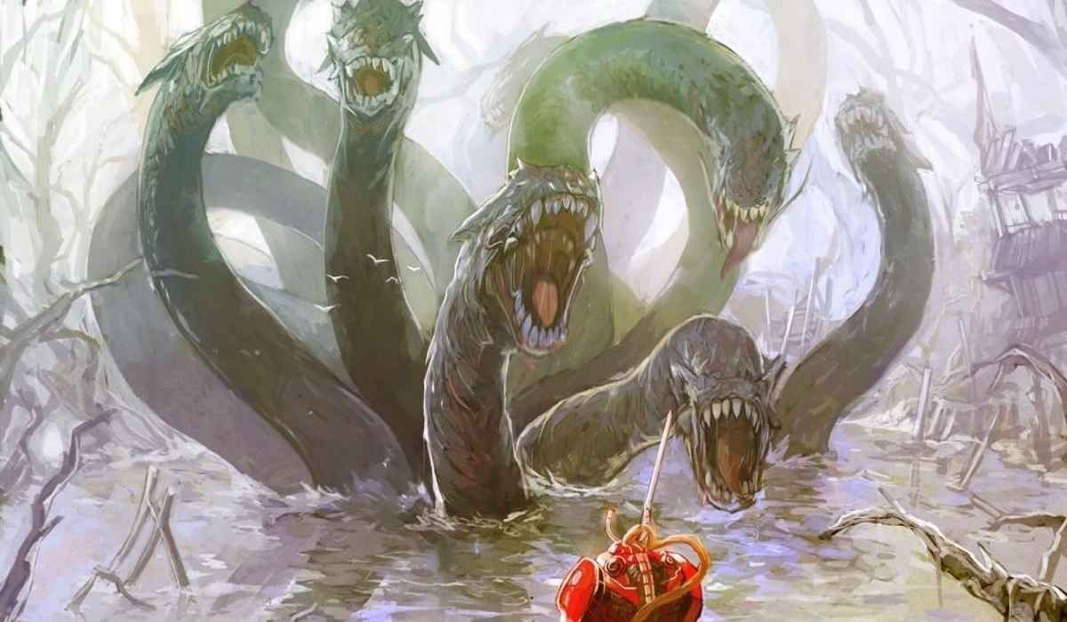 A fighter facing a hydra with many eel-like heads
