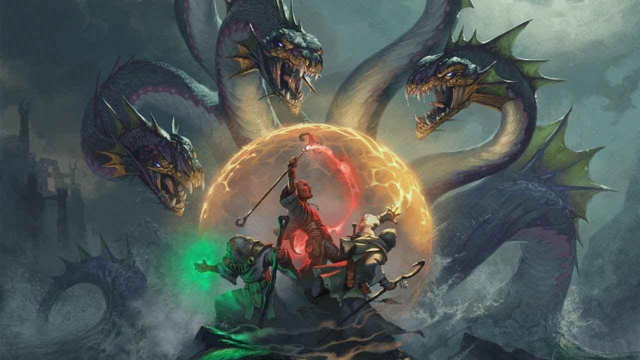 A hydra attacking a D&D party that's protecting itself with a golden magic bubble