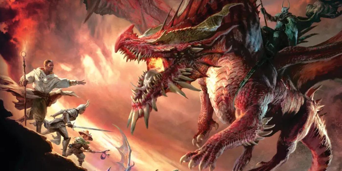Party battles against big red dragon in Dungeons & Dragons 