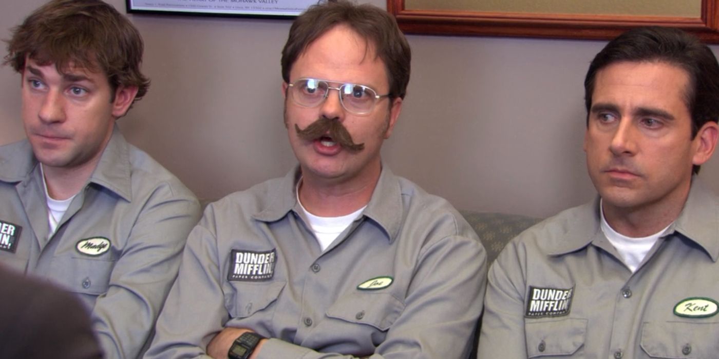 Dwight, Jim and Michael in disguise as warehouse employees from The Office