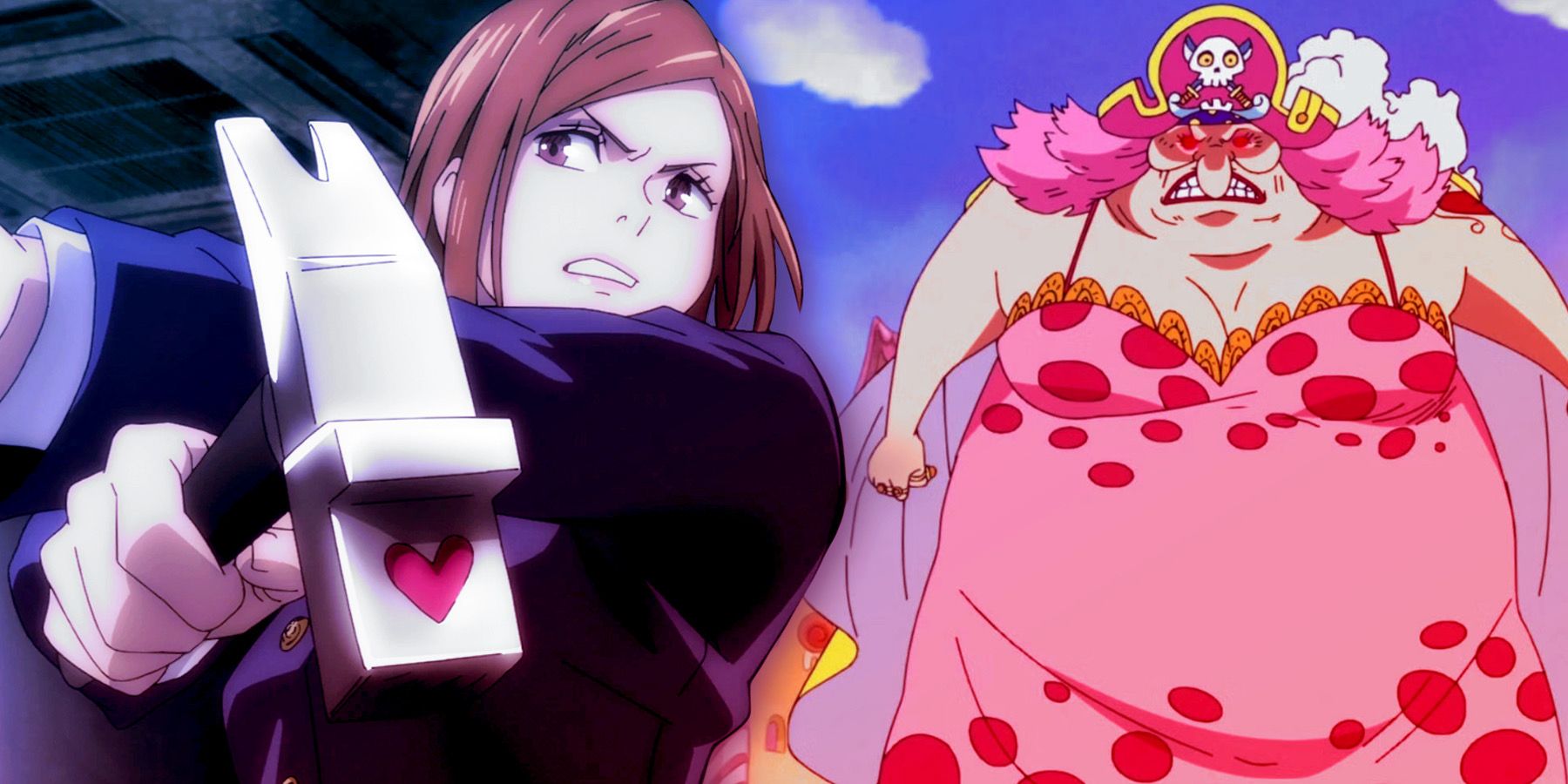 On the left, Nobara Kugisaki of 'Jujutsu Kaisen' attacks with her hammer. On the right, Big Mom of 'One Piece' rampages through Whole Cake Island.